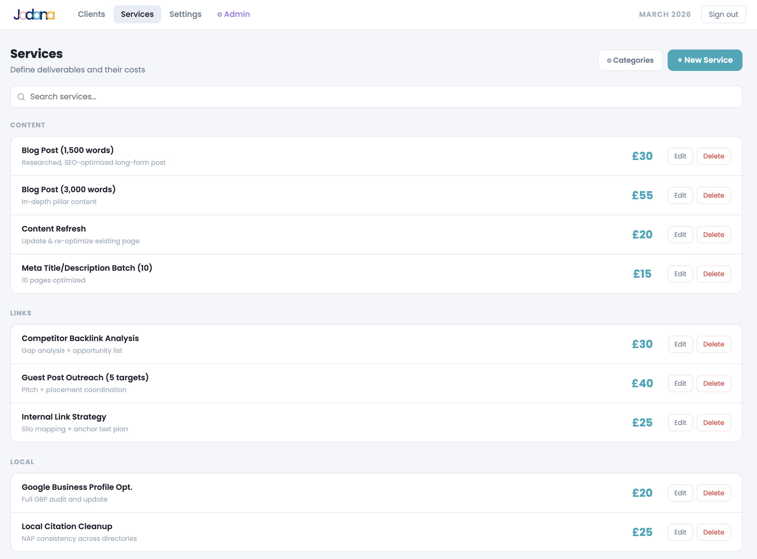 Kendr service planner showing client budget and deliverables