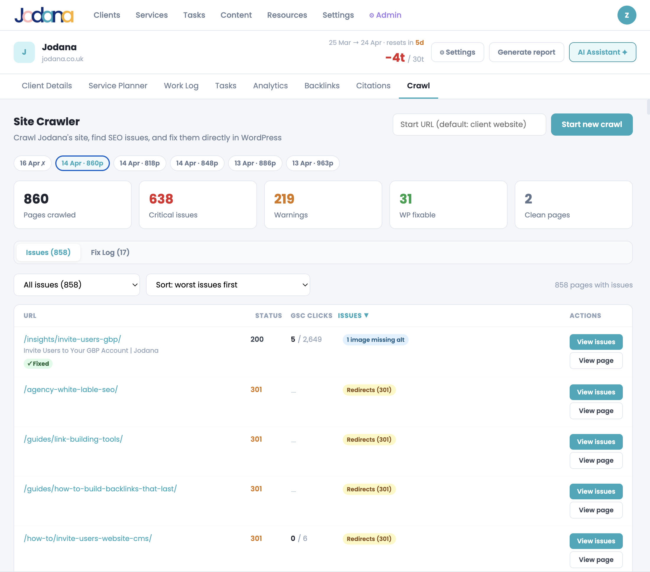 Kendr site crawler showing detected SEO issues and AI fix suggestions