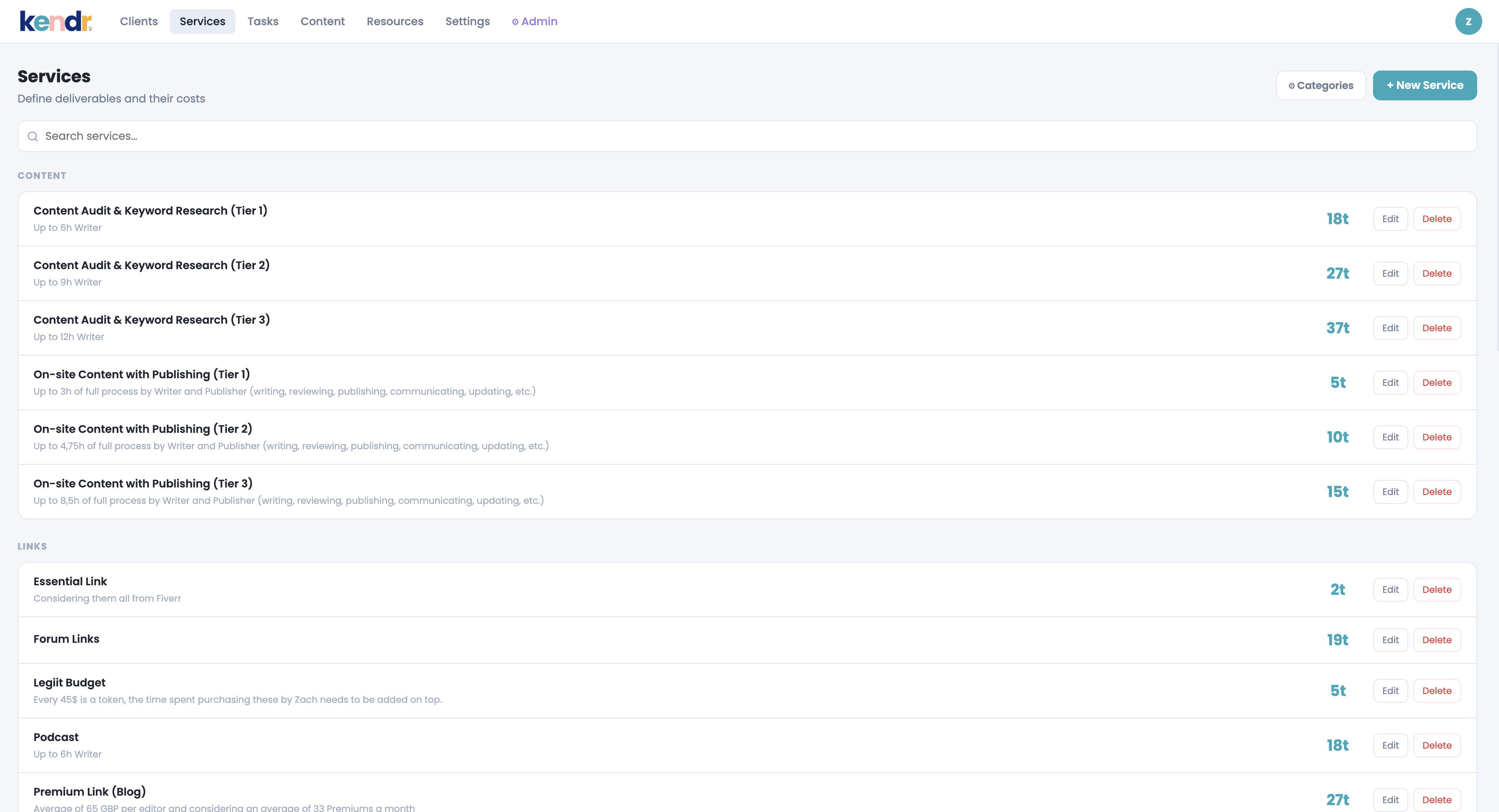 Kendr service planner showing client budget and deliverables