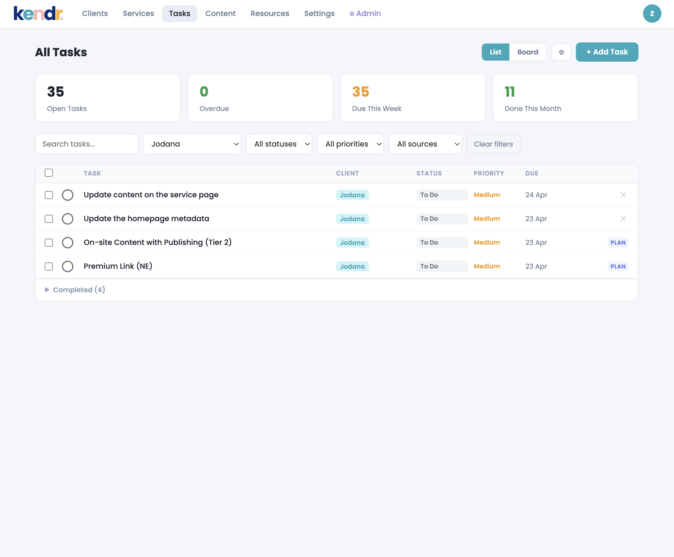 Kendr task planner and ClickUp sync from service planner