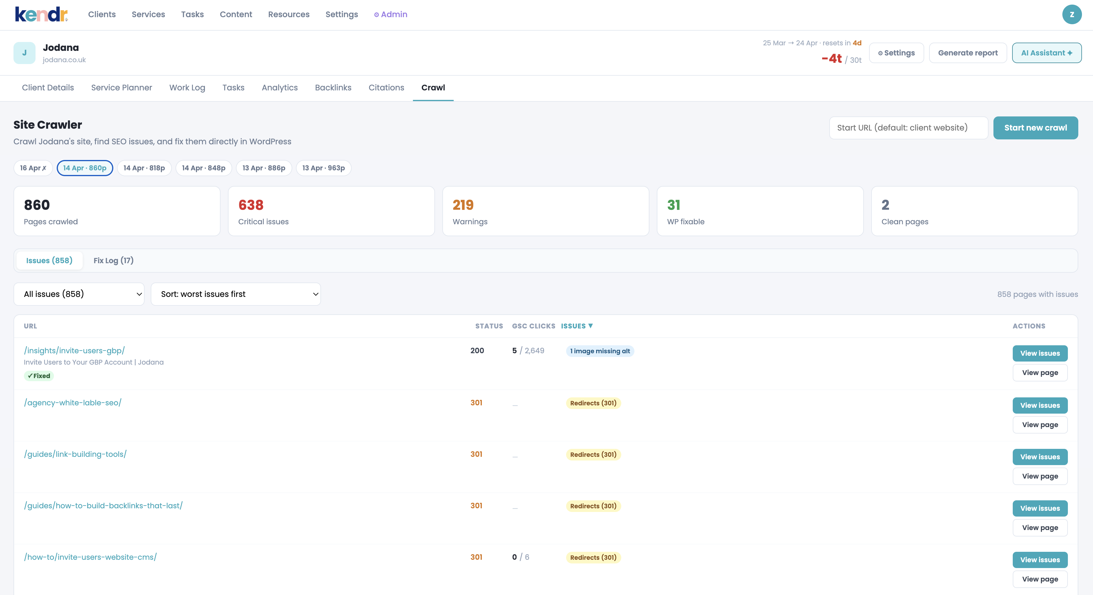 Kendr site crawler showing detected SEO issues