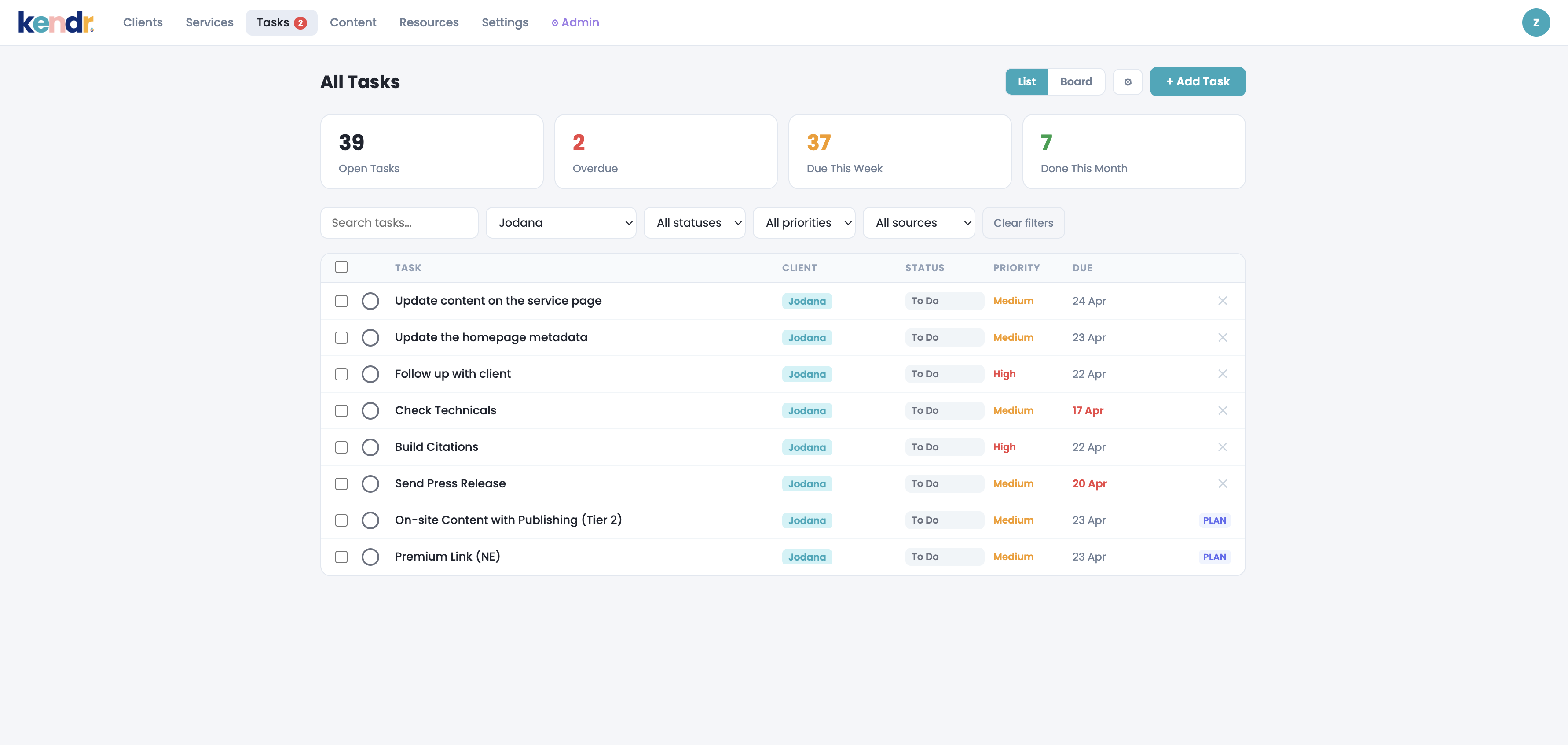 Kendr open tasks dashboard showing all client work in progress