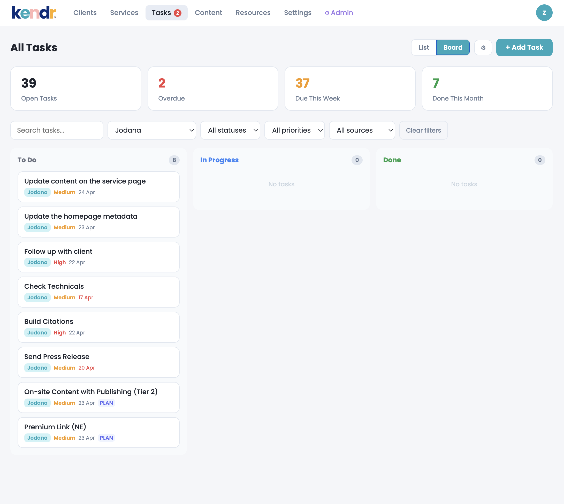 Kendr Kanban board with draggable task cards