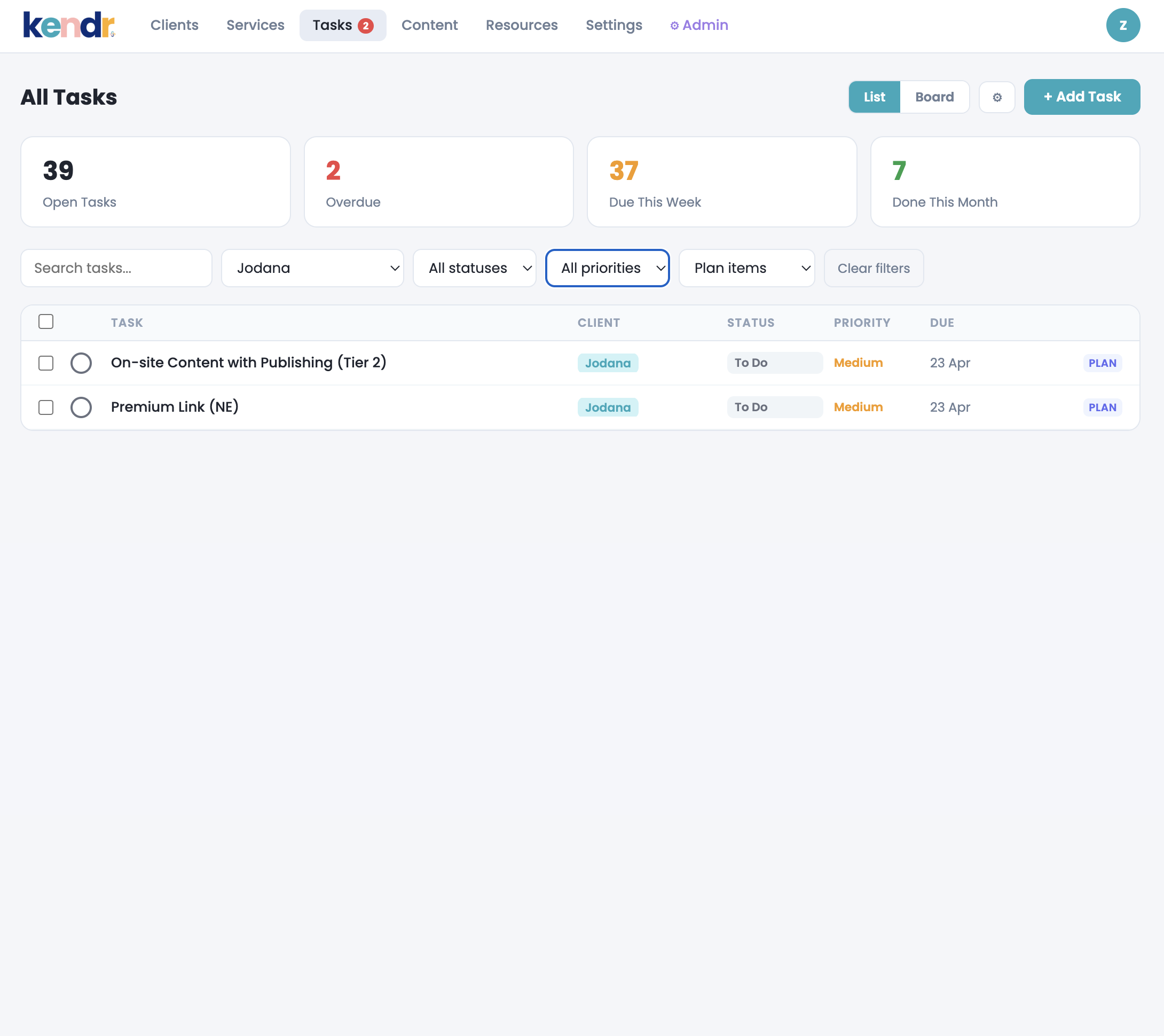 Kendr task list view with all client work